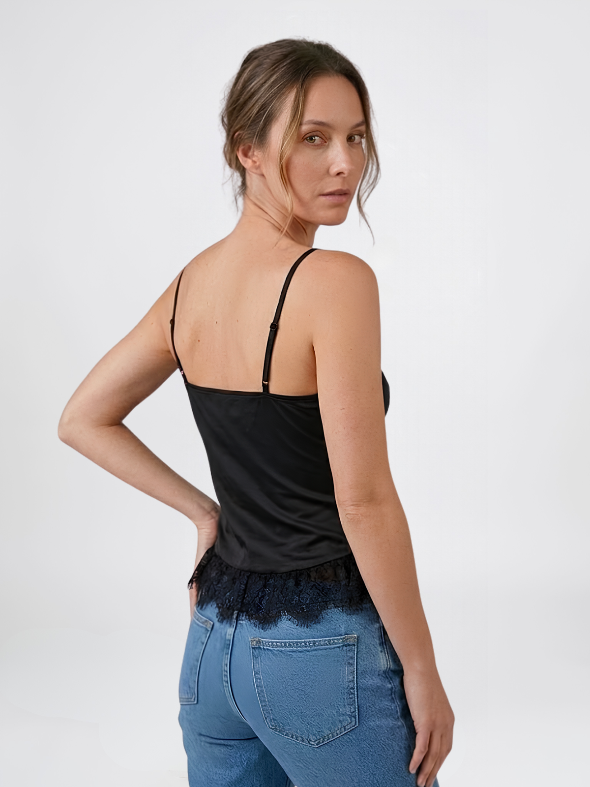 Lace Cami Top in Corset Style with Covered Buttons and Adjustable Straps