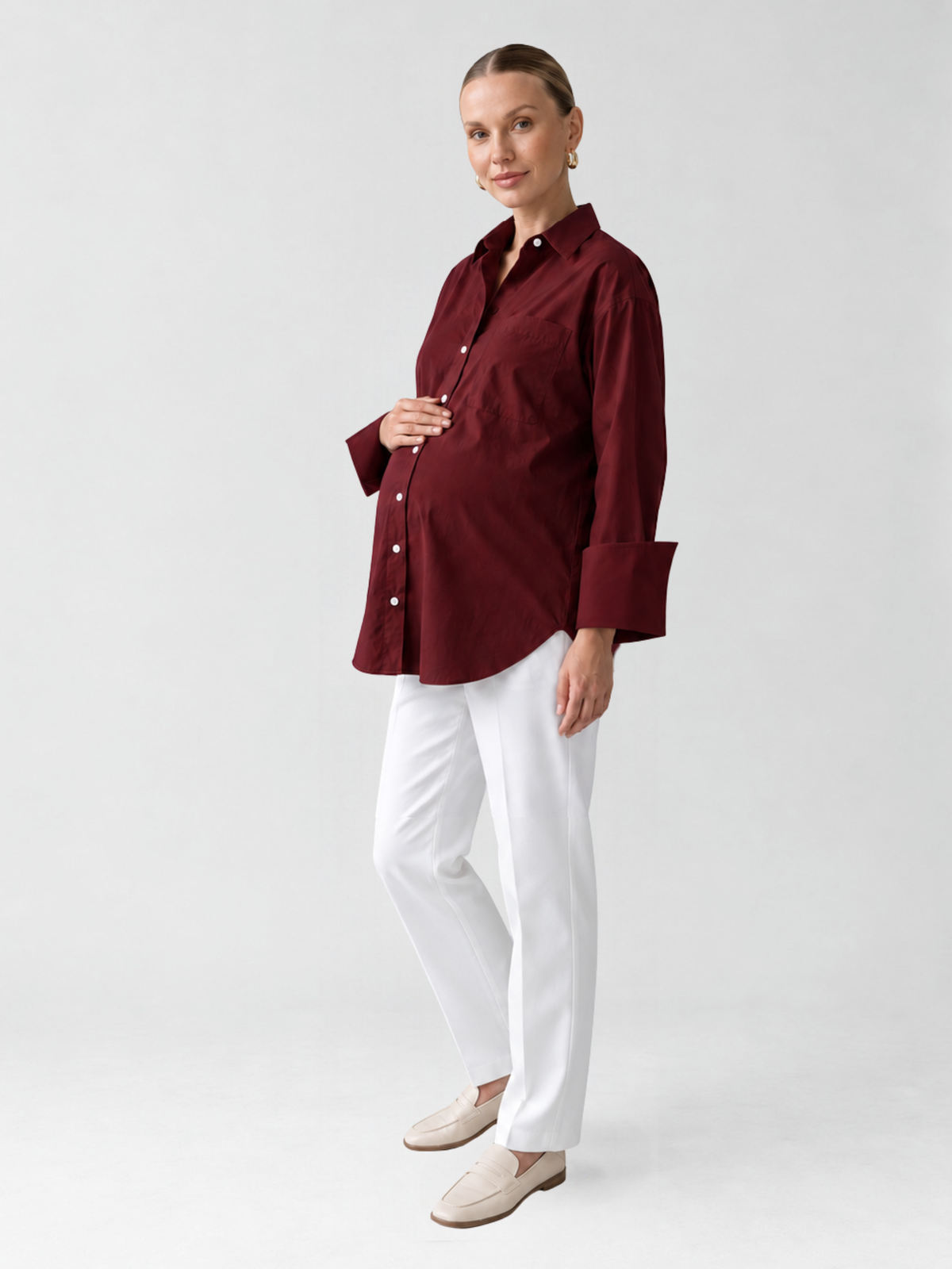 Maternity Shirt Oversized Button Down with Long Cuffs and Chest Pocket