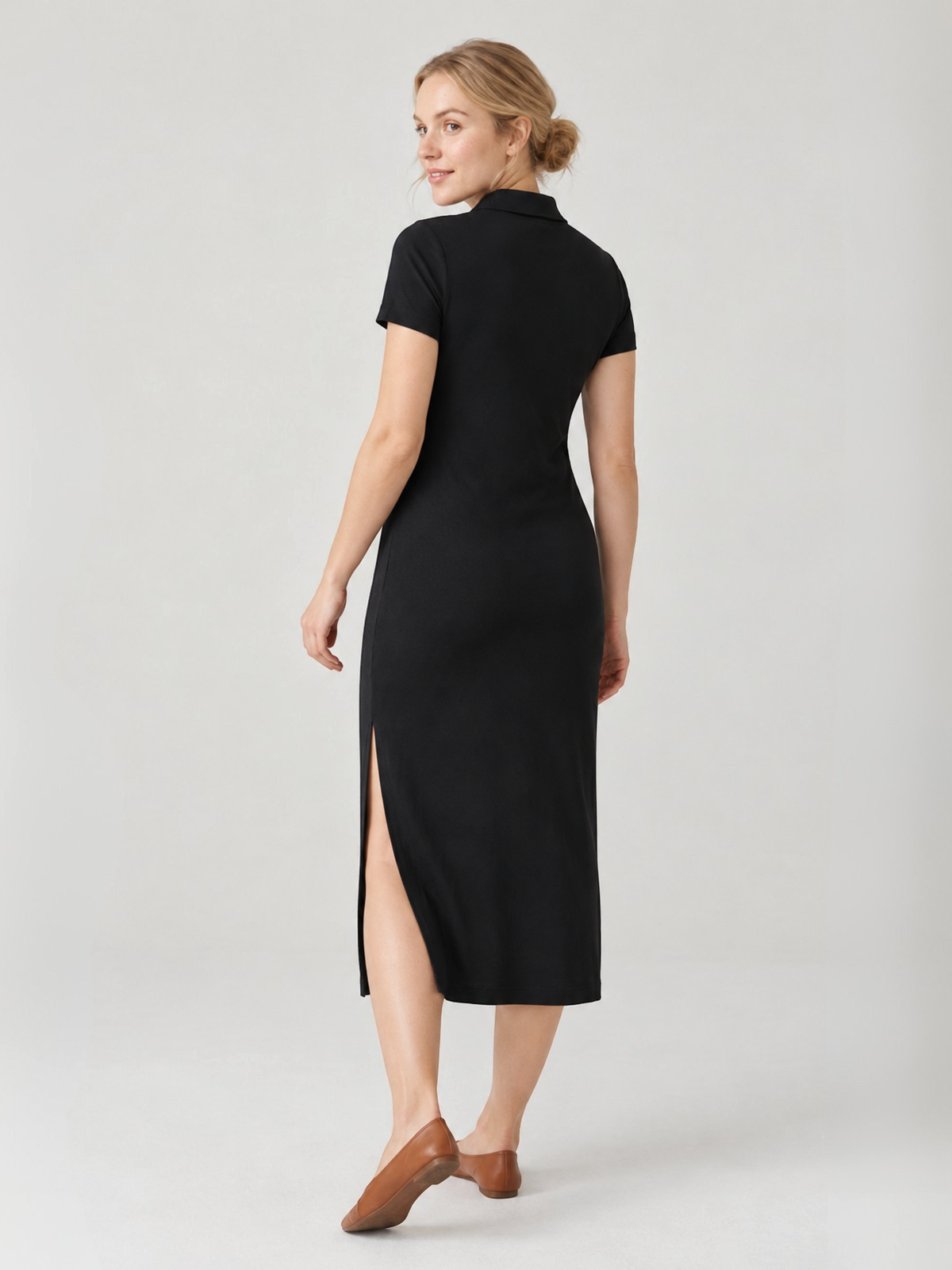 Maternity Polo Dress Ribbed Midi with Side Slit