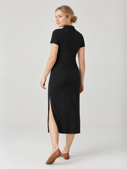 Maternity Polo Dress Ribbed Midi with Side Slit
