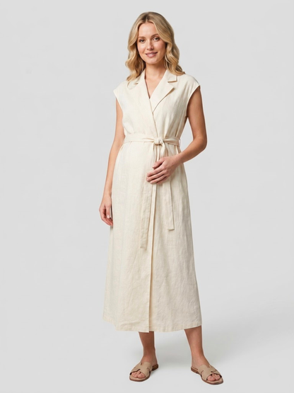 Maternity Dress Midi in Cotton with Lapel Collar and Nursing Access