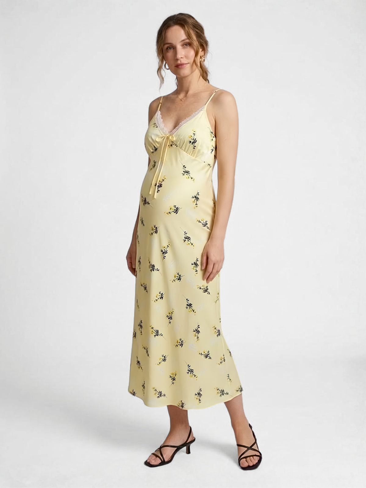 Floral Maternity Slip Dress Midi with Lace V-Neck and Adjustable Straps
