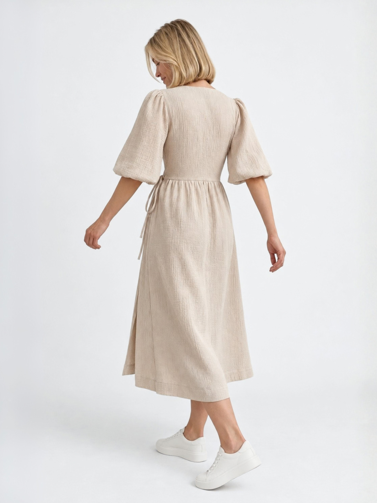 Maternity Wrap Dress in Crinkle Cotton with Puff Sleeves