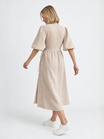 Maternity Wrap Dress in Crinkle Cotton with Puff Sleeves