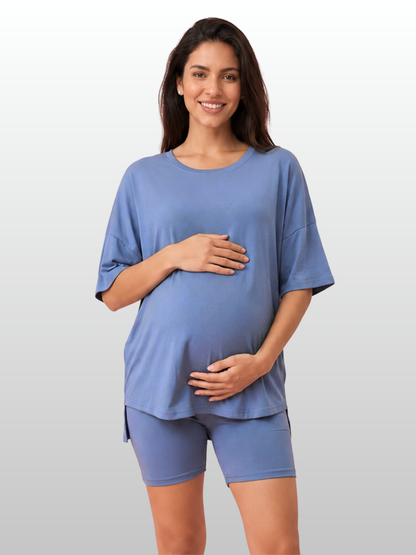 Maternity Lounge Set, Oversized Top & Bike Shorts, High-Low Hem