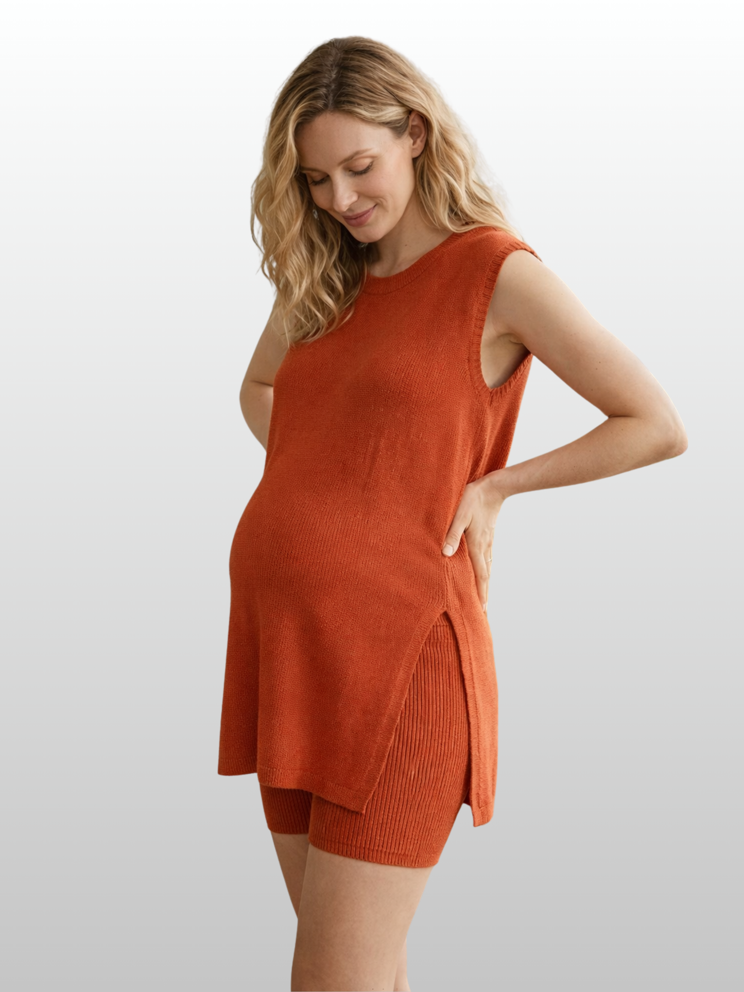 Maternity Lounge Set, Sleeveless, Longline Top, Ribbed Bike Shorts