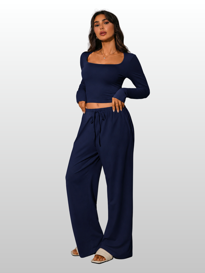 Lounge-Set Damen langarm, eckiger Ausschnitt, weite Hose