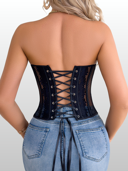Corset Top, Strapless, Lace Mesh, Lace-Up Back, Underwire