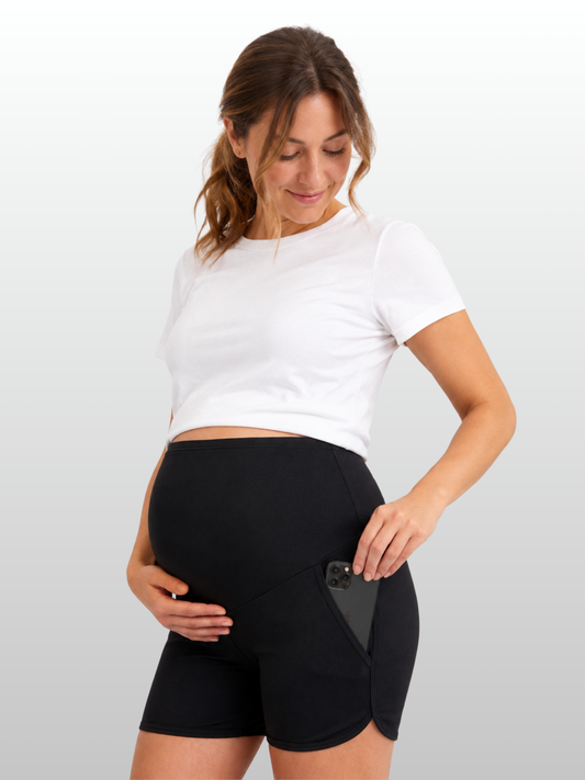 Maternity Shorts, Over-Belly Band, Ribbed Fabric, Side Pockets, All Trimesters