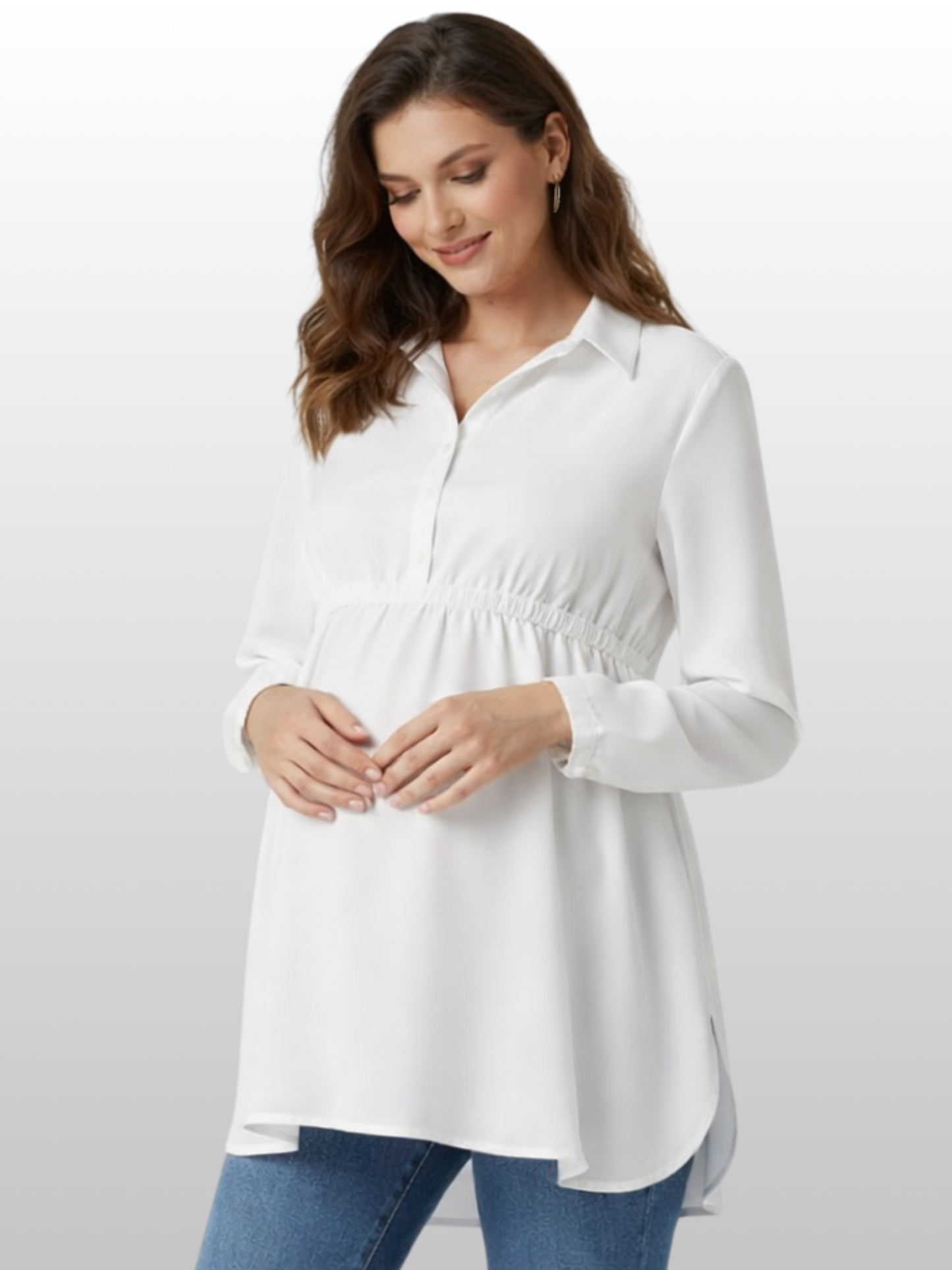 Maternity Blouse, Empire Waist, Adjustable Drawstring, A-Line, Shirt Collar, All Trimesters, Office, Nursing