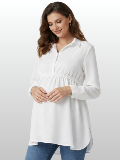 Maternity Blouse, Empire Waist, Adjustable Drawstring, A-Line, Shirt Collar, All Trimesters, Office, Nursing