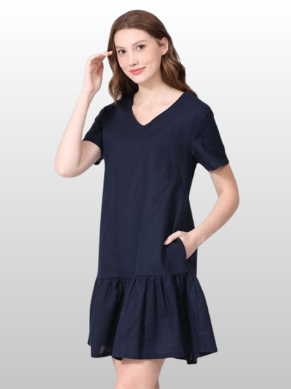 Nursing Dress, Short, Vertical Zipper, Ruffle Hem, Summer, Cotton-Linen, Pregnancy Nursing