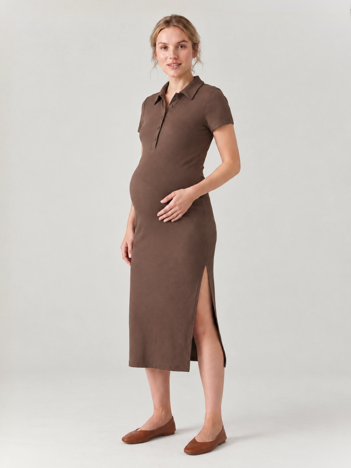 Maternity Polo Dress Ribbed Midi with Side Slit