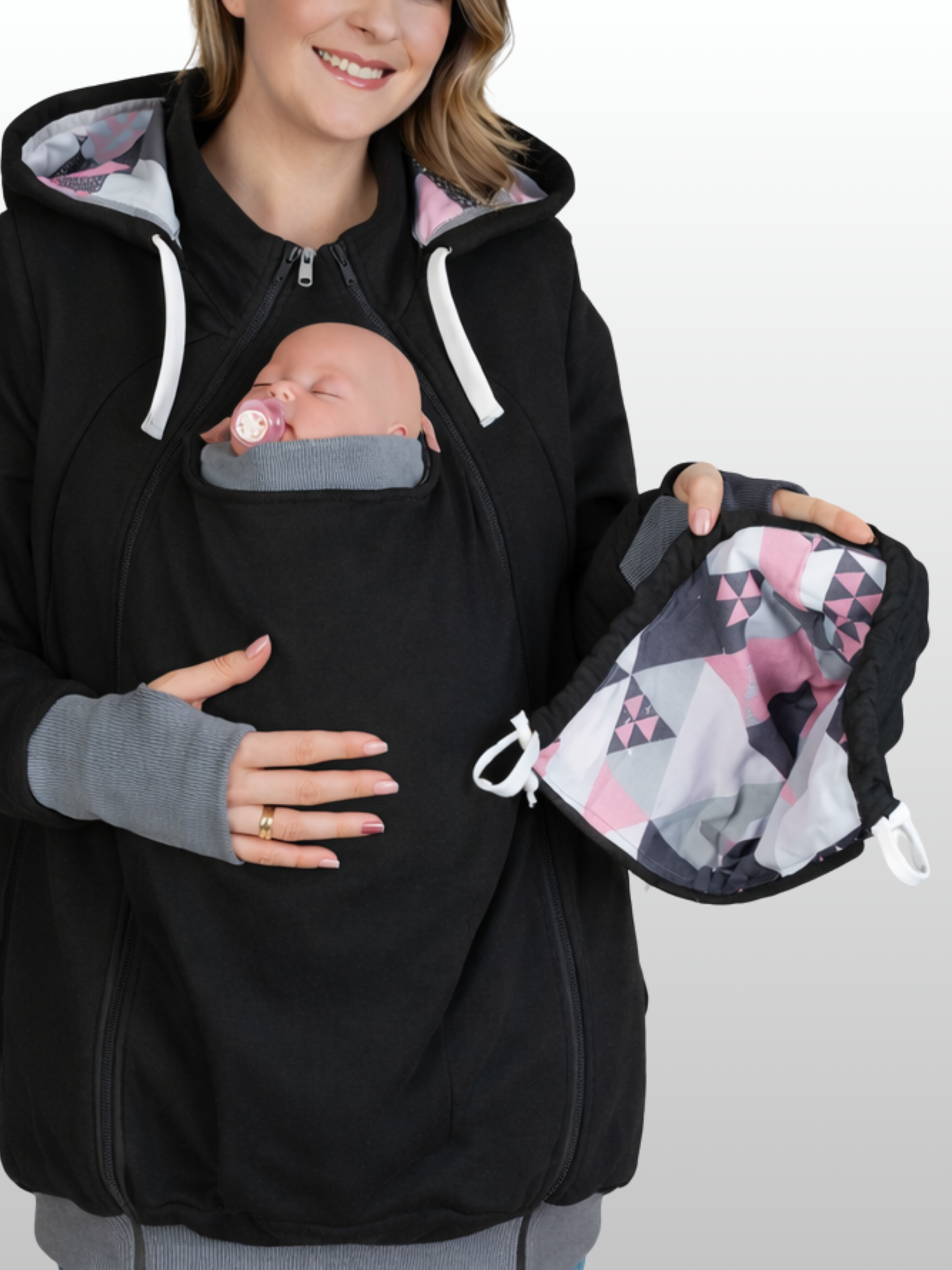 Kangaroo Carrier Jacket, Built-In Belly Room, Front Carry, Removable Baby Hood
