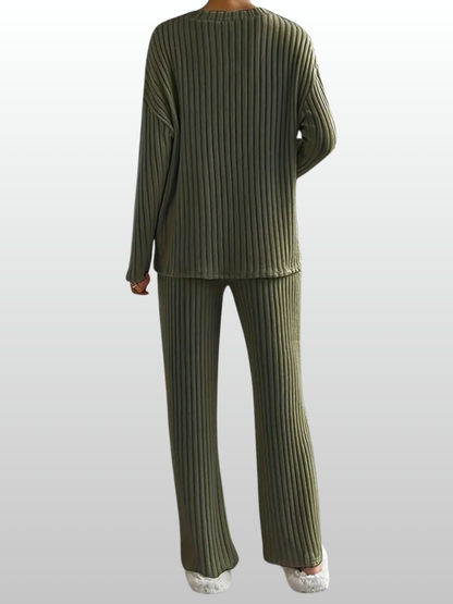 Maternity Ribbed Co-Ord Set, Pregnancy Nursing, V-Neck Long Sleeve Top, Wide-Leg Pants, Loungewear Two-Piece, All Seasons