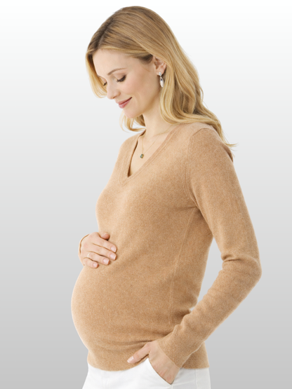 Umstandspullover, V-Ausschnitt, Flauschstrick, Leicht, Layering, Büro & Alltag, Frühe Schwangerschaft