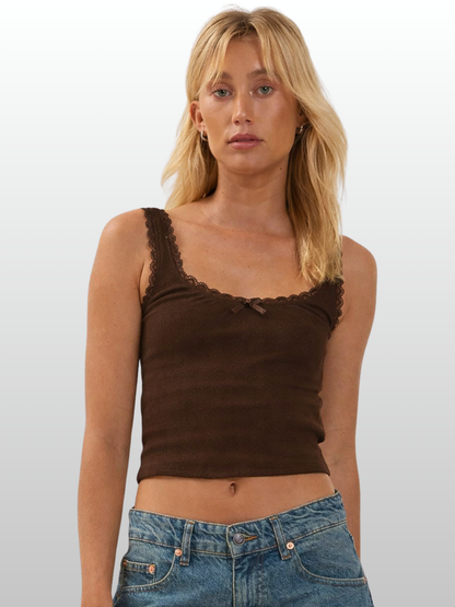 Camisole, Pointelle Ribbed Knit, Lace Trim, Bow, Crop