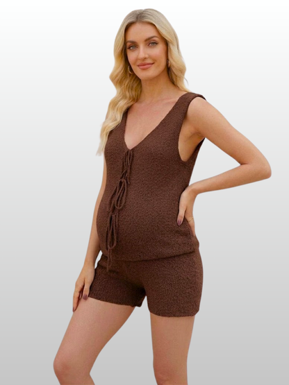 Maternity Set, Boucle Knit, Tie-Front, Sleeveless, Shorts, Nursing-Friendly