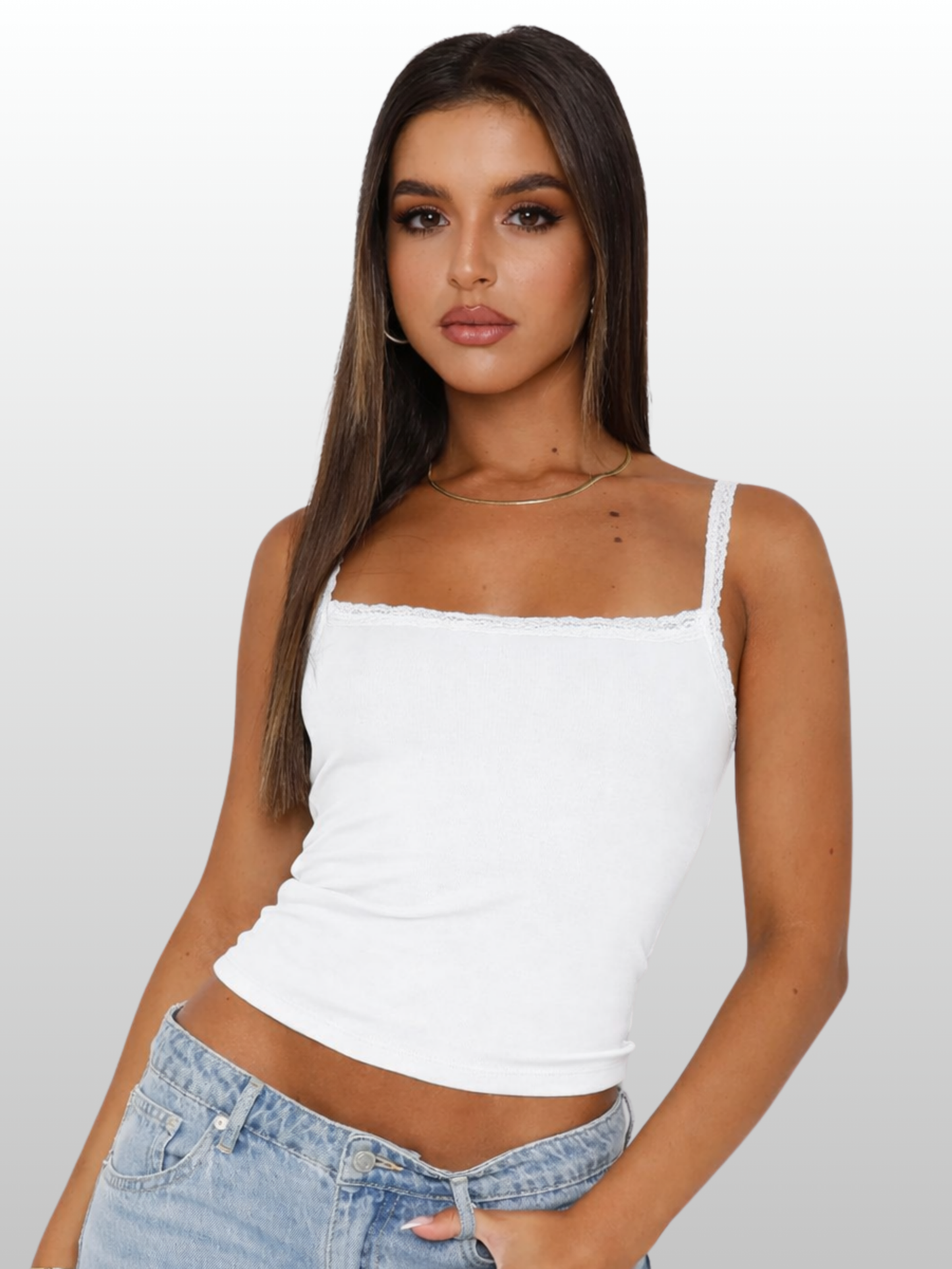 Tank Top, Lace Straps, Ribbed Stretch, Square Neckline, Longline
