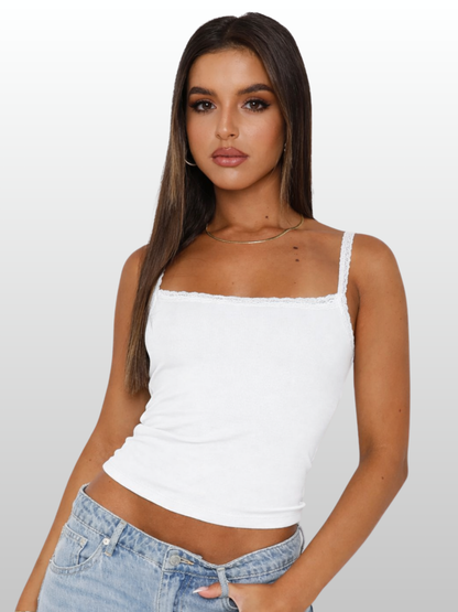 Tank Top, Lace Straps, Ribbed Stretch, Square Neckline, Longline