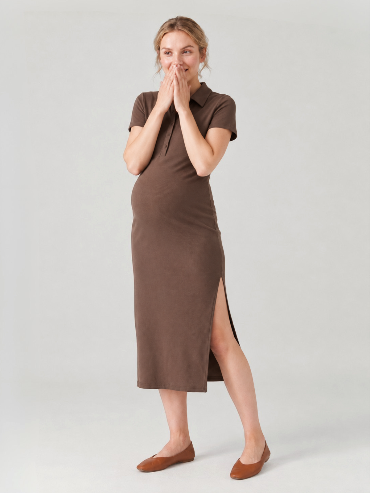 Maternity Polo Dress Ribbed Midi with Side Slit