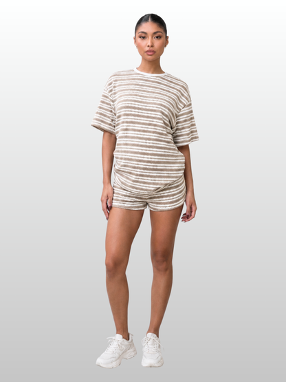 Lounge-Set Umstandsmode gestreift: Oversized-Shirt & Shorts, Rippstrick