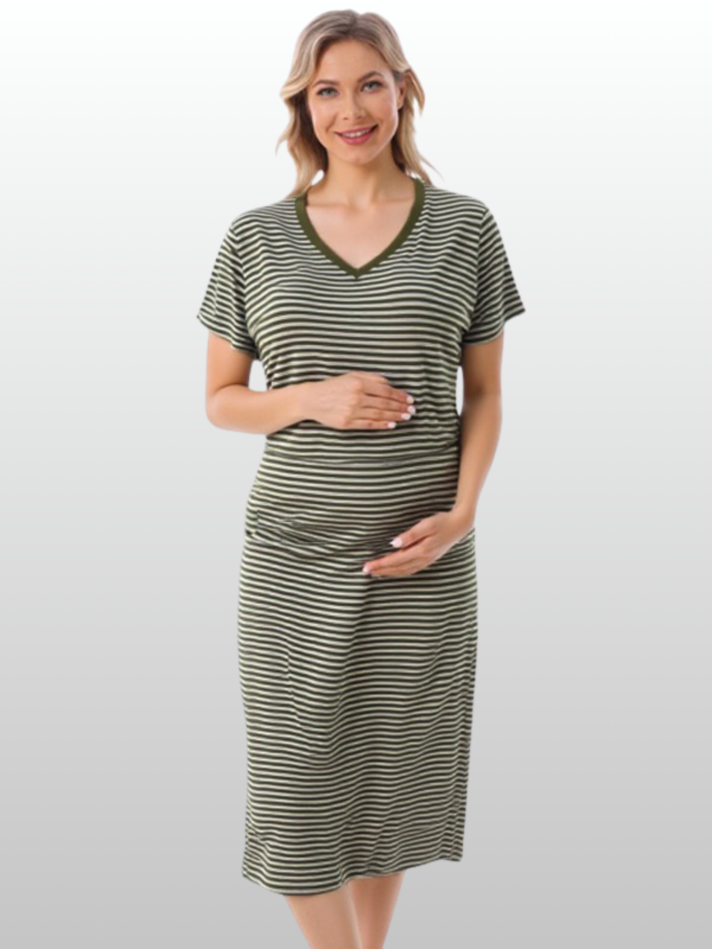 Nursing Midi Dress, V-Neck, Hidden Zipper, House Dress, Nightgown, Short Sleeve, Breathable