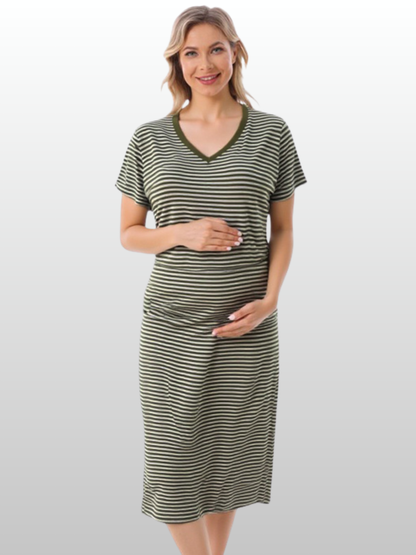Nursing Midi Dress, V-Neck, Hidden Zipper, House Dress, Nightgown, Short Sleeve, Breathable