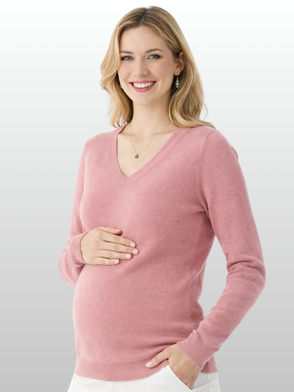Umstandspullover, V-Ausschnitt, Flauschstrick, Leicht, Layering, Büro & Alltag, Frühe Schwangerschaft