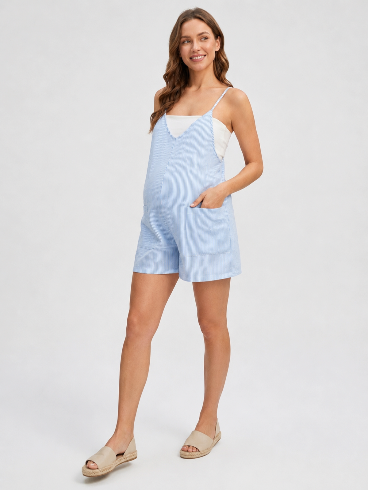 Maternity Overalls Shorts Striped with Spaghetti Straps and Pockets