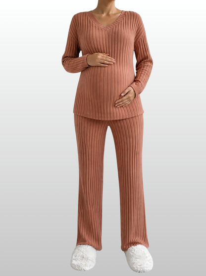 Maternity Ribbed Co-Ord Set, Pregnancy Nursing, V-Neck Long Sleeve Top, Wide-Leg Pants, Loungewear Two-Piece, All Seasons