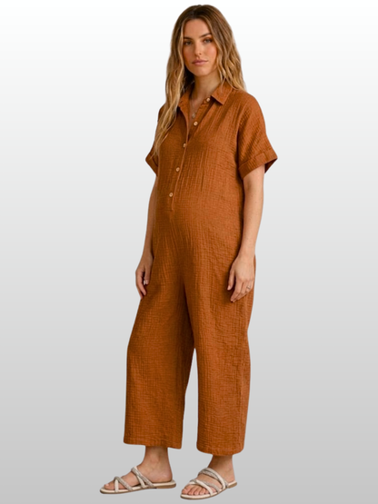 Maternity Jumpsuit, Short Sleeve, Button Placket, Gauze Fabric, Breathable