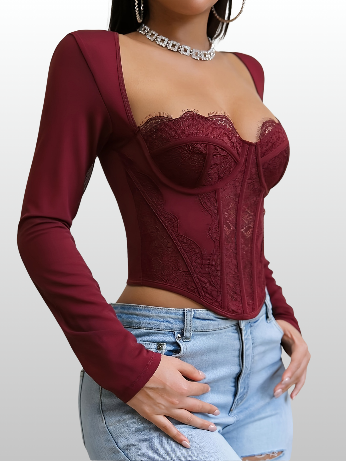 Corset Top, Long Sleeve, Sheer Mesh Sleeves, Floral Lace