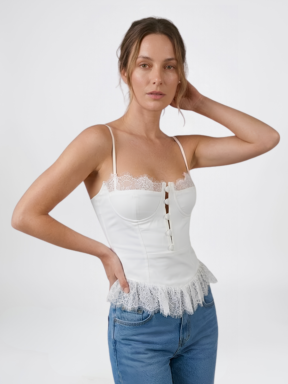 Lace Cami Top in Corset Style with Covered Buttons and Adjustable Straps