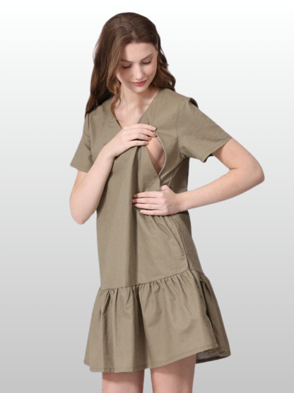 Nursing Dress, Short, Vertical Zipper, Ruffle Hem, Summer, Cotton-Linen, Pregnancy Nursing