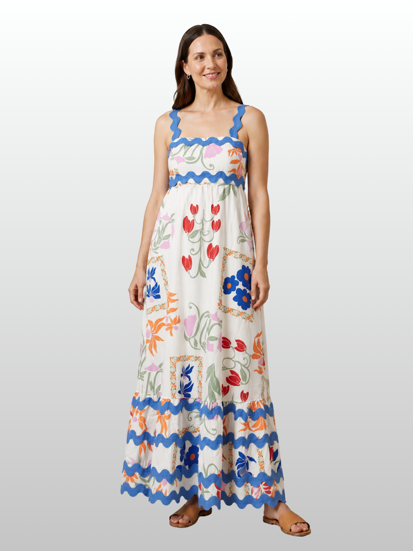 Sommerkleid Maxi mit Muster, geraffter Rücken, Empire-Taille