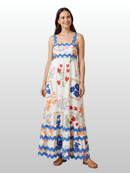 Sommerkleid Maxi mit Muster, geraffter Rücken, Empire-Taille