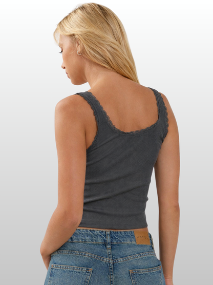 Camisole, Pointelle Ribbed Knit, Lace Trim, Bow, Crop