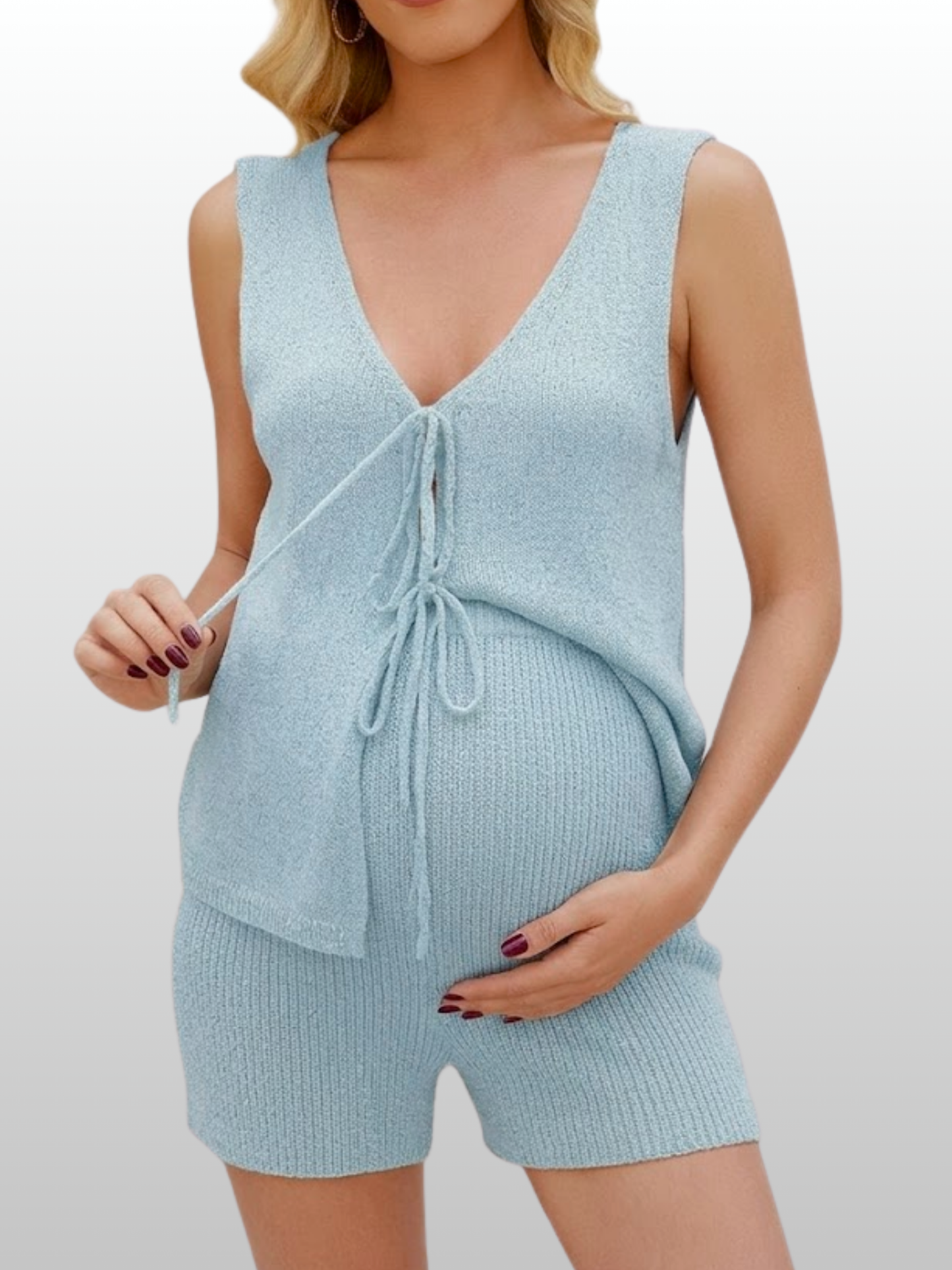 Maternity Set, Boucle Knit, Tie-Front, Sleeveless, Shorts, Nursing-Friendly