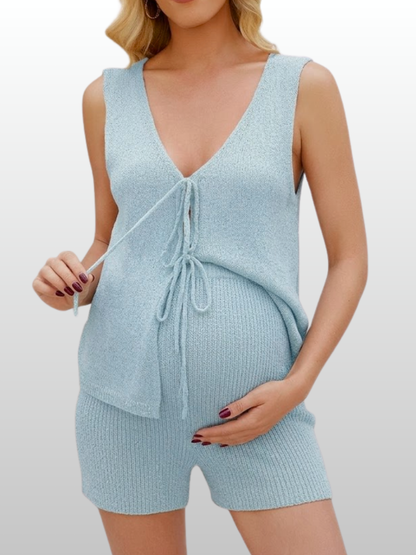 Maternity Set, Boucle Knit, Tie-Front, Sleeveless, Shorts, Nursing-Friendly