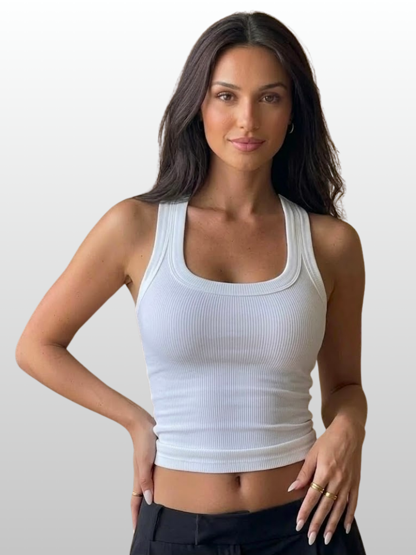 Long Top, Ribbed Knit, Scoop Neck, Wide Straps, Longline