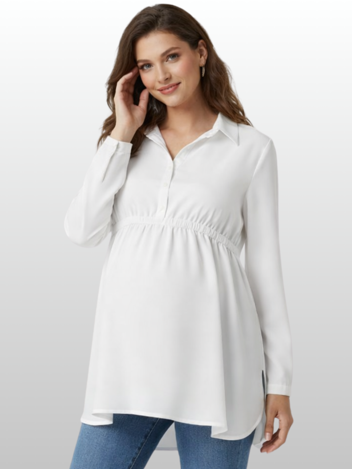 Maternity Blouse, Empire Waist, Adjustable Drawstring, A-Line, Shirt Collar, All Trimesters, Office, Nursing