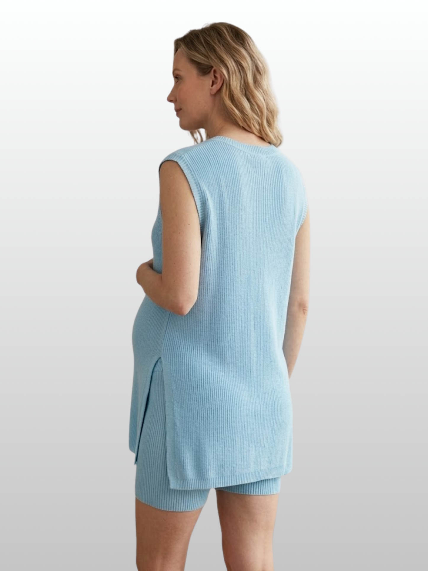 Maternity Lounge Set, Sleeveless, Longline Top, Ribbed Bike Shorts