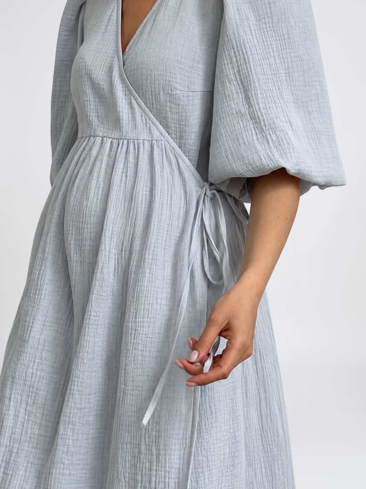 Maternity Wrap Dress in Crinkle Cotton with Puff Sleeves