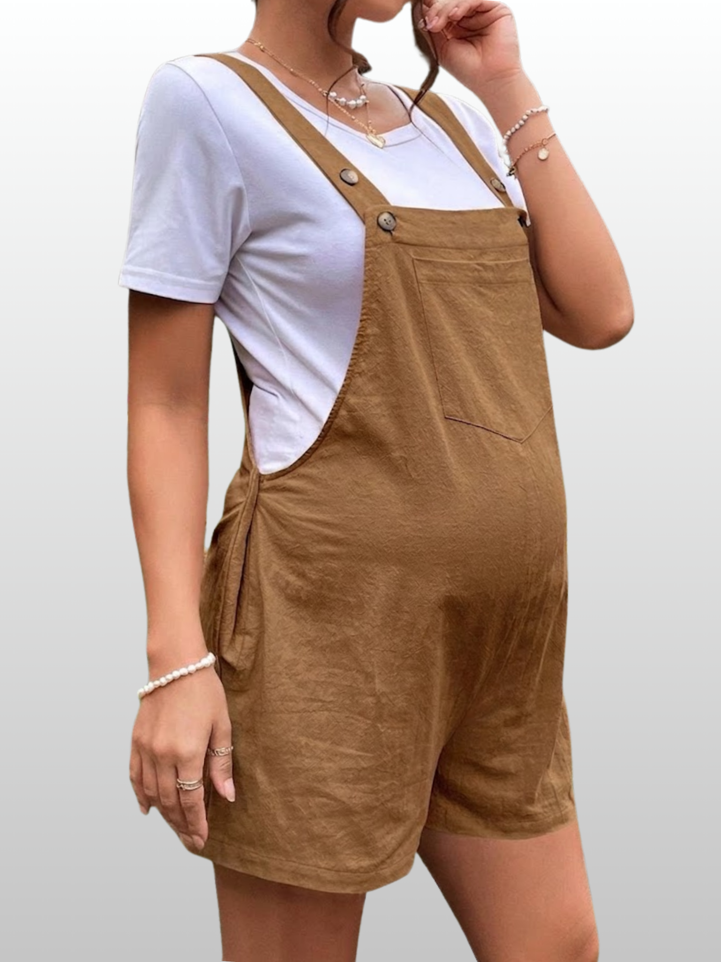 Maternity Overall Shorts, Adjustable Straps, Loose Fit, Side Buttons