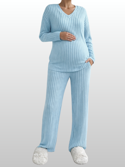 Maternity Ribbed Co-Ord Set, Pregnancy Nursing, V-Neck Long Sleeve Top, Wide-Leg Pants, Loungewear Two-Piece, All Seasons