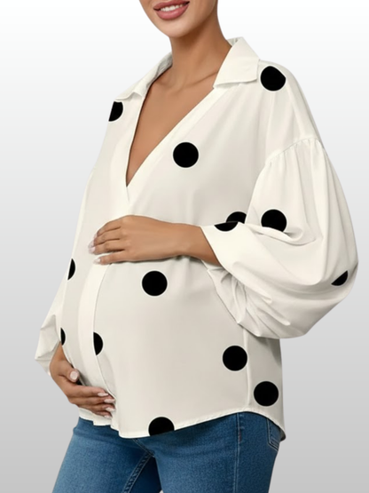 Maternity Blouse, Office Look, Loose Fit, All Trimesters, Collared, Elegant Drape, Postpartum