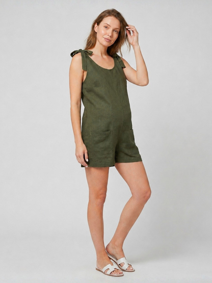 Maternity Romper with Tie Straps and Front Pockets