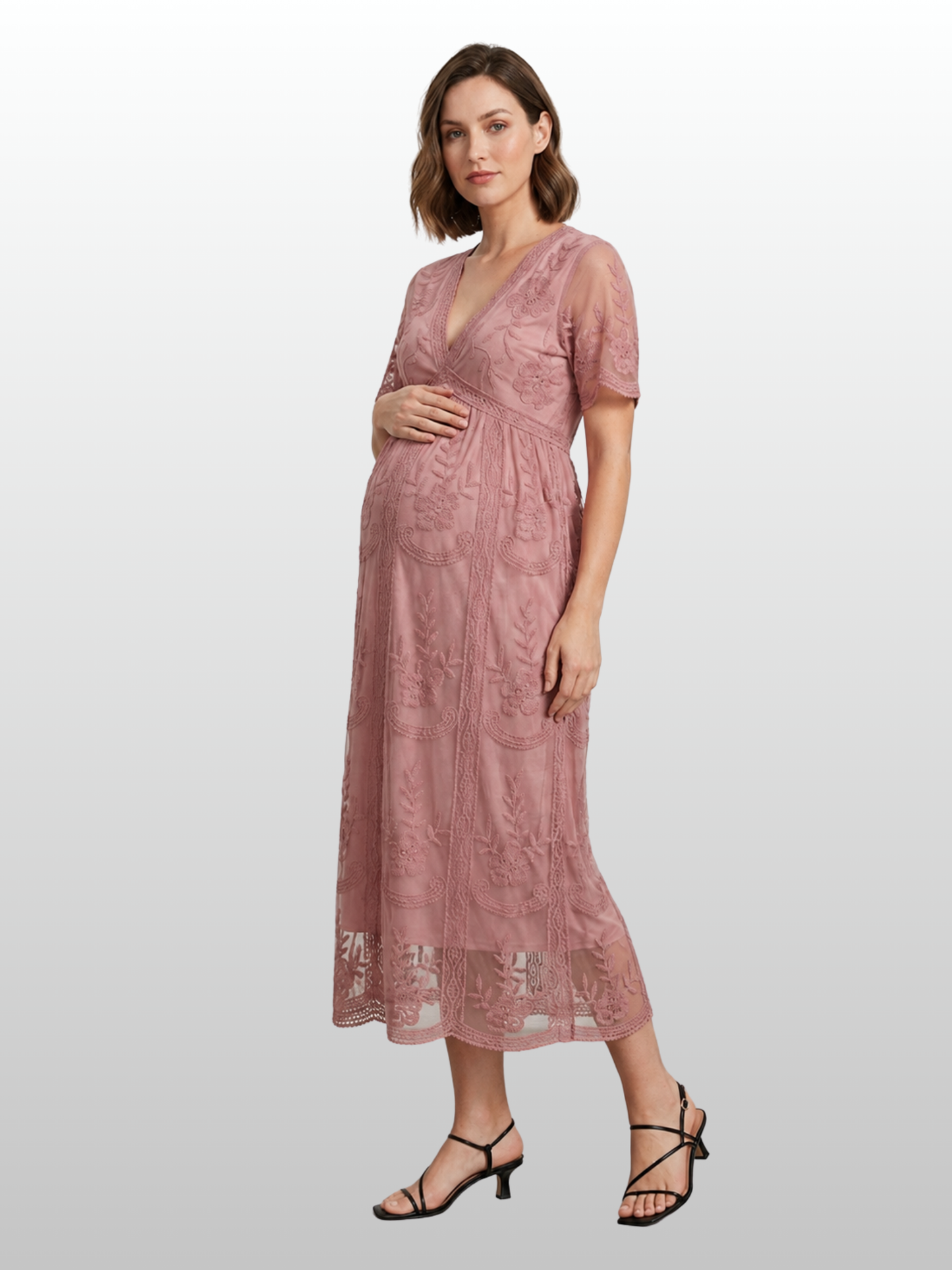 Umstandskleid mit bestickter Spitze, V-Ausschnitt, Empire-Taille