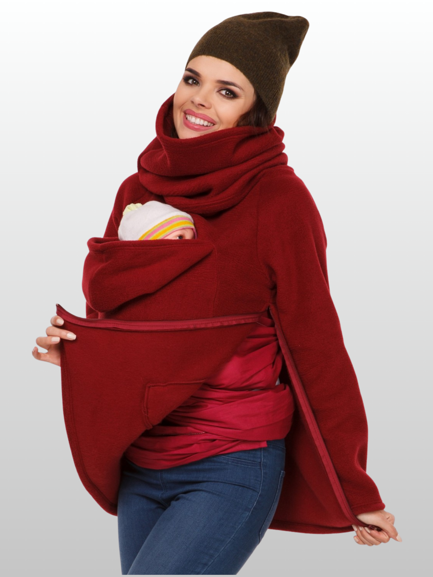 Babywearing Hoodie, Fleece, Kangaroo Jacket, Front & Back Carry, Built-In Baby Hood